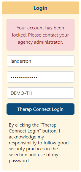 Screenshot of the login credentials section showing the Account Locked message