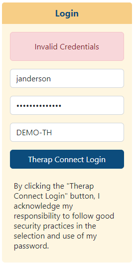 Screenshot of the login credentials section showing the Invalid Credentials message