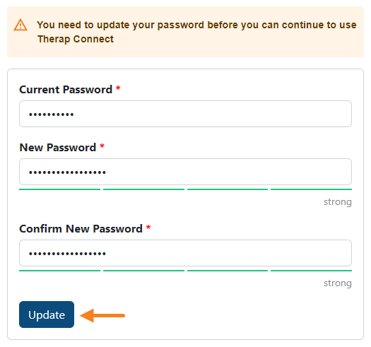 Screenshot of the update password screen