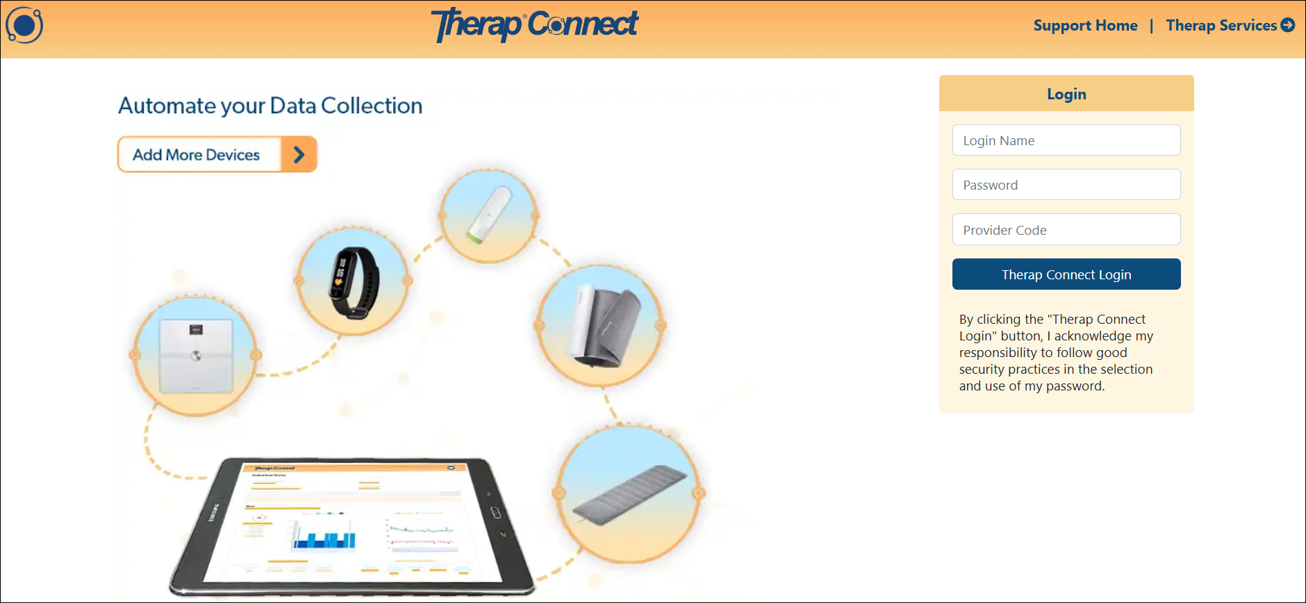 Screenshot of the Therap Connect Login page
