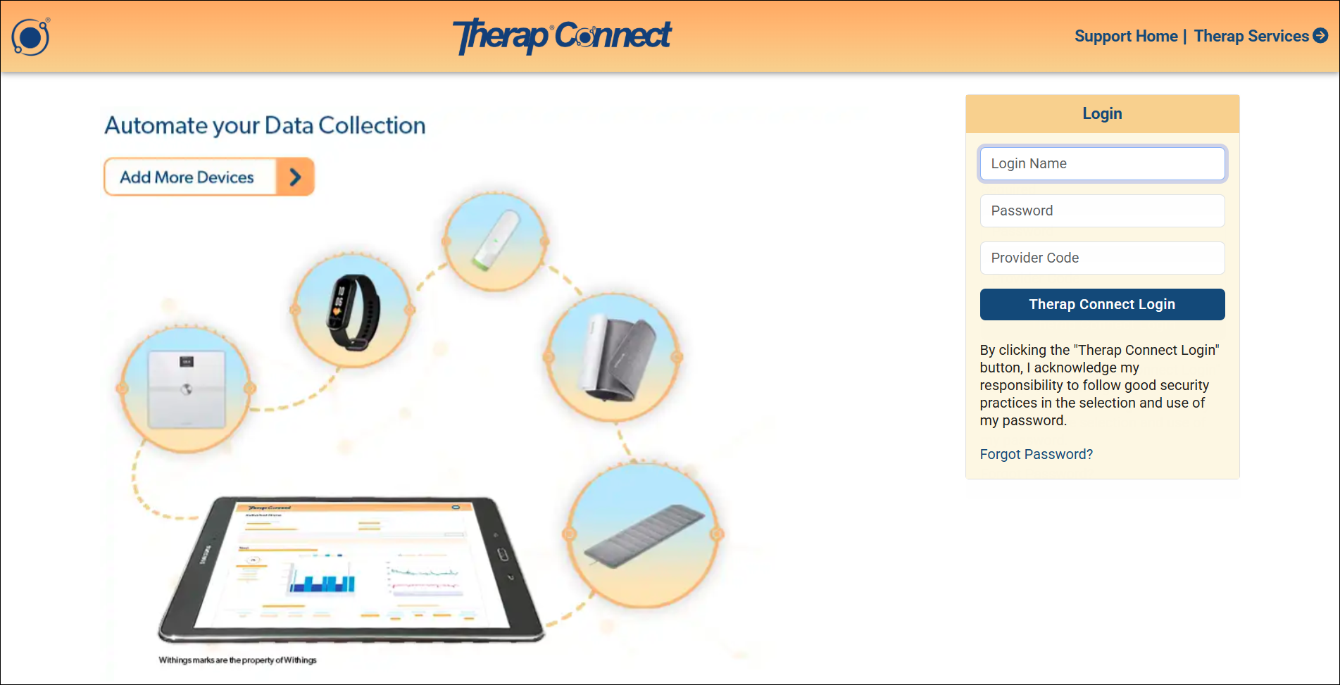 Screenshot of the Therap Connect Login page