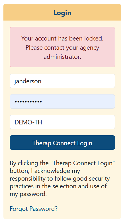 Screenshot of the login credentials section showing the Account Locked message