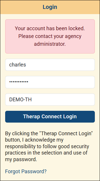 Screenshot of the login credentials section showing the Account Locked message