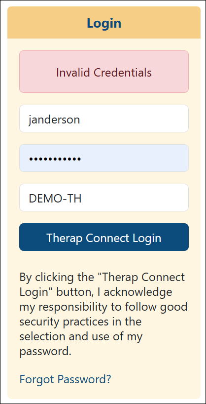 Screenshot of the login credentials section showing the Invalid Credentials message