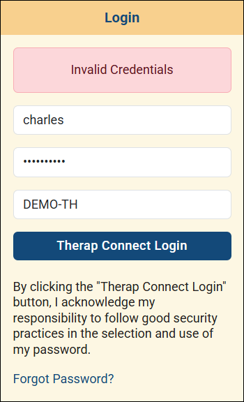 Screenshot of the login credentials section showing the Invalid Credentials message