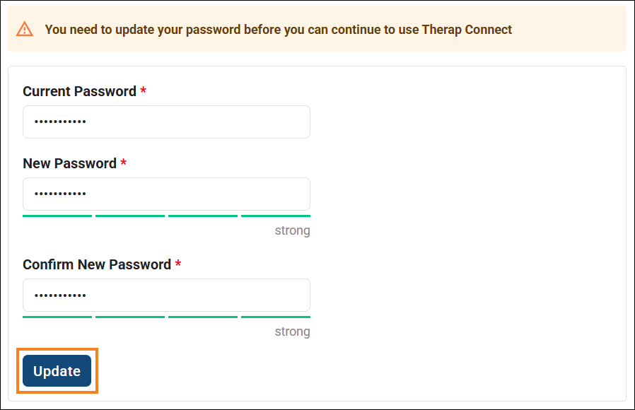 Screenshot of the update password screen