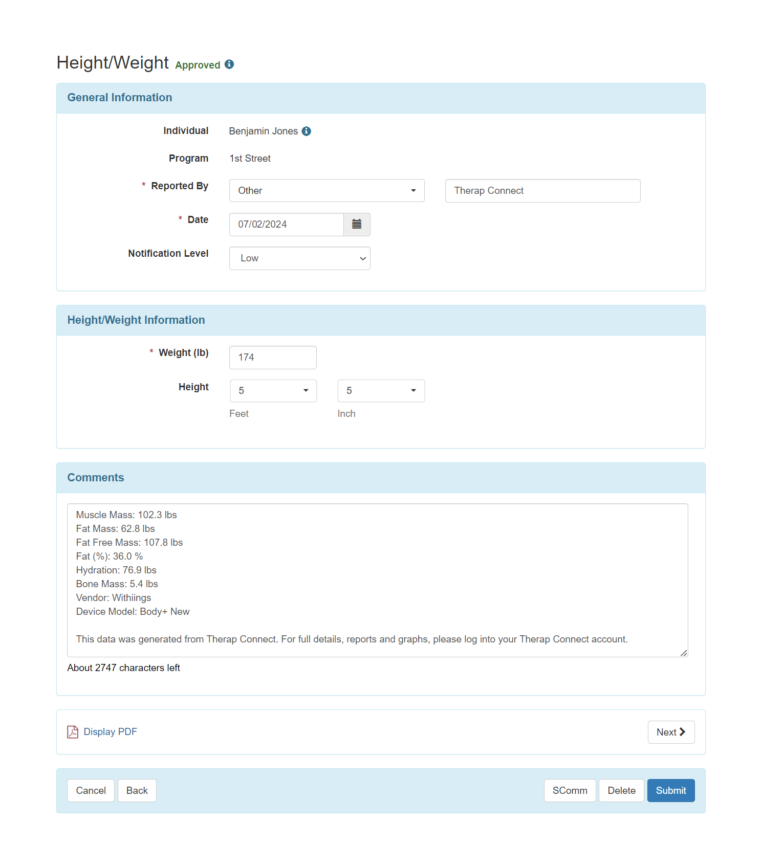 Screenshot of Therap Height Weight Form showing data generated from Therap connect in the comments section